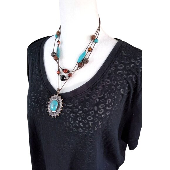 Womens Vintage Copper Filligree Beads and Faux Turquoise 3 Strand Pendant Neckl - Picture 3 of 7